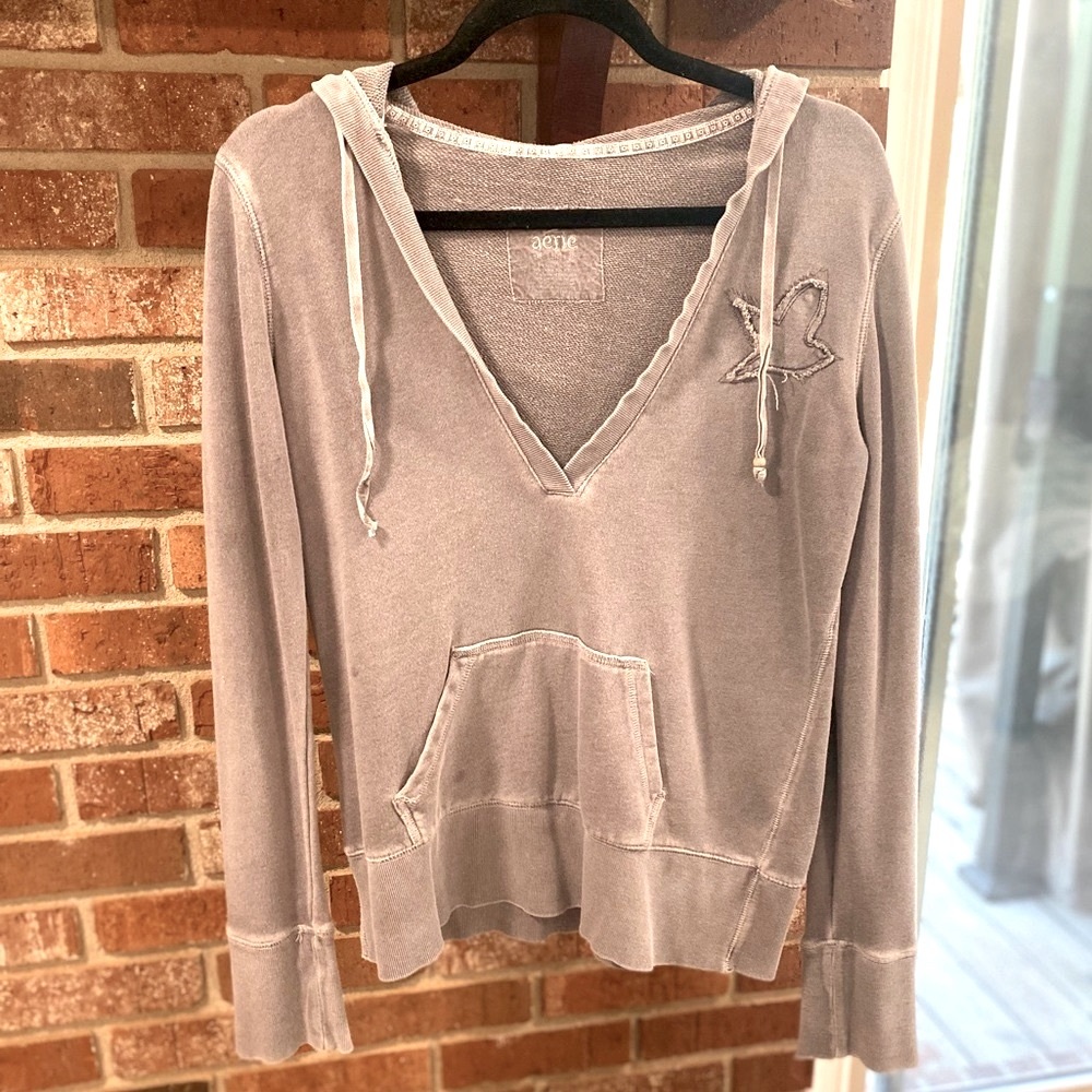 Aerie Distressed Hooded Casual V Neck Long Sleeve